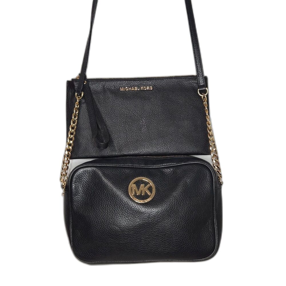 Michael Kors Fulton Crossbody & Pouch Bundle | Black Pebbled Leather | Gold - Picture 1 of 16